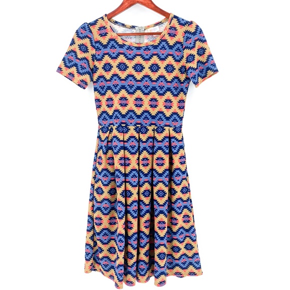 LuLaRoe Dresses & Skirts - LuLaRoe Amelia Tan & Blue Aztec Short Sleeve Dress
